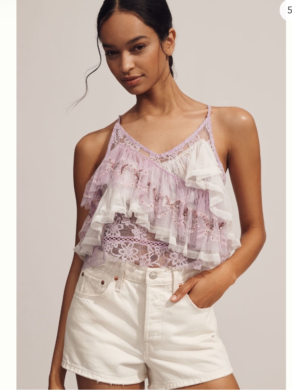 Anthropologie Lavender and White Lace Ruffle Cami